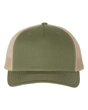 Richardson 112FP Five-Panel Trucker Cap in Army Olive Green / Tan – front view