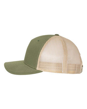 Richardson 112FP Five-Panel Trucker Cap in Army Olive Green / Tan – side view