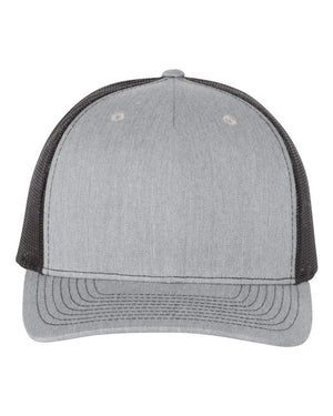 Richardson 112FP Five-Panel Trucker Cap in Heather Grey / Black – front view
