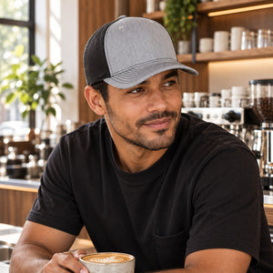Richardson 112FP Five-Panel Trucker Cap in Heather Grey / Black – lifestyle view 3