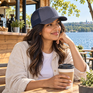 Richardson 112FP Five-Panel Trucker Cap in Ombre Blue / Navy – lifestyle view 2