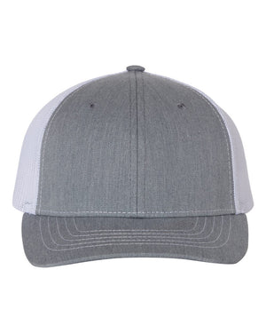 Richardson 112Y Youth Trucker Snapback Cap in Heather Grey / White – front view