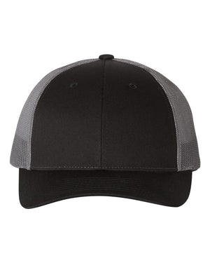 Richardson 115 Low Pro Trucker Cap in Black / Charcoal – front view