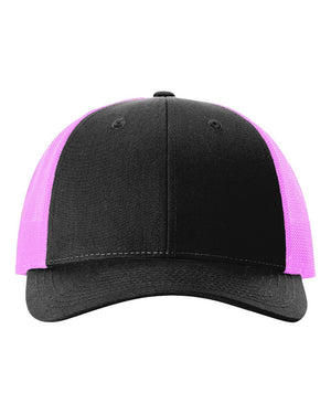 Richardson 115 Low Pro Trucker Cap in Black / Neon Pink – front view