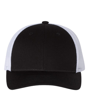 Richardson 115 Low Pro Trucker Cap in Black / White – front view