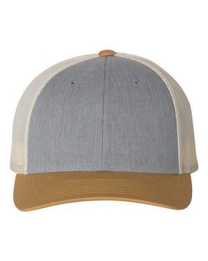 Richardson 115 Low Pro Trucker Cap in Heather Grey / Birch / Amber Gold – front view
