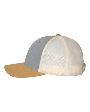 Richardson 115 Low Pro Trucker Cap in Heather Grey / Birch / Amber Gold – side view