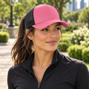 Richardson 115 Low Pro Trucker Cap in Hot Pink / Black – lifestyle view 3