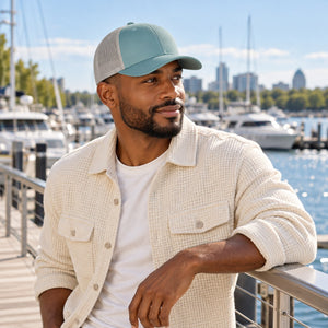 Richardson 115 Low Pro Trucker Cap in Smoke Blue / Aluminum – lifestyle view 2