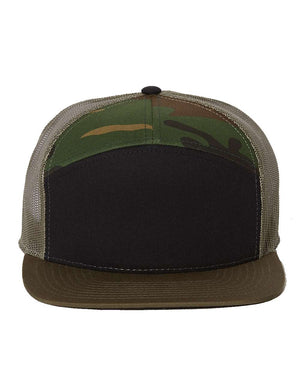 Richardson 168 Seven-Panel Trucker Cap in Black / Camo / Loden – front view